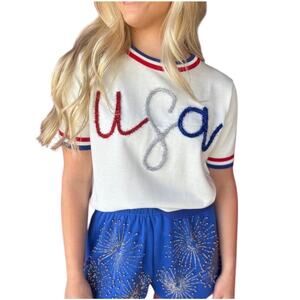 Queen of Sparkles USA Short Sleeve Sweater sz L White striped sparkle lettering